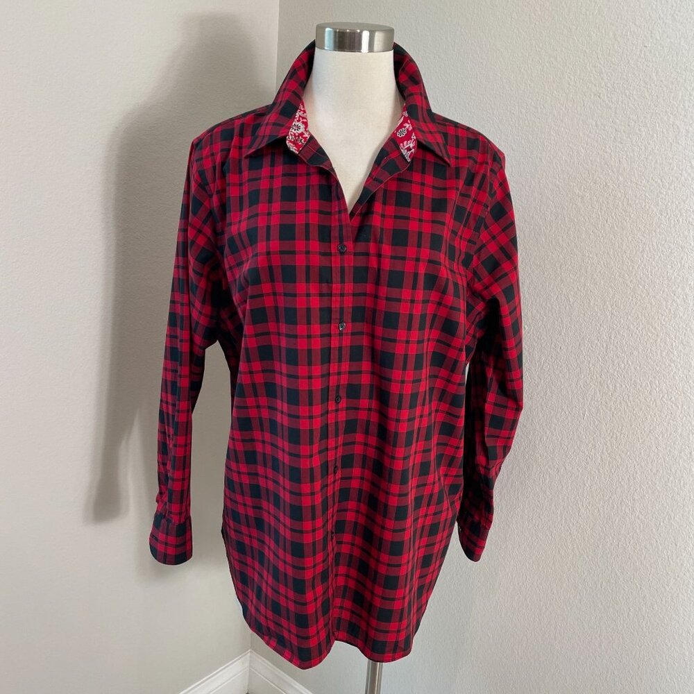 Chaps Womens Plus 2X Red Black Plaid No Iron‎ Button Up Shirt Long Sleeve Blouse